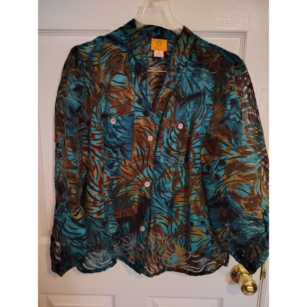 Ruby Rd. Women’s Blue Brown Black Floral Chiffon Sheer Collared Blouse 12